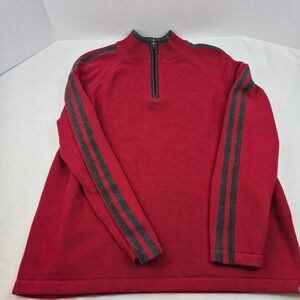 Eddie Bauer Mens 2XL Red Quarter Zip Sweater 100% Cotton Stripes Ribbed Collar